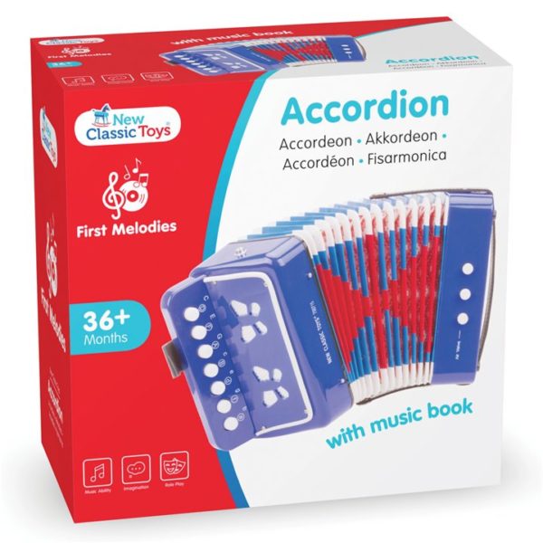 Blauwe speelgoed accordeon met muziekboekje kopen